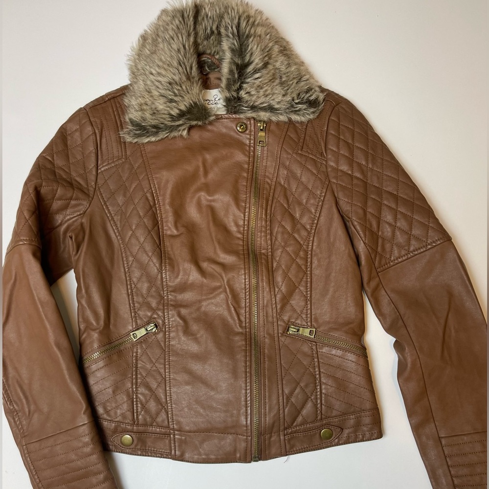 American Rag Brown Leather Fur Collar Jacket Sz XS